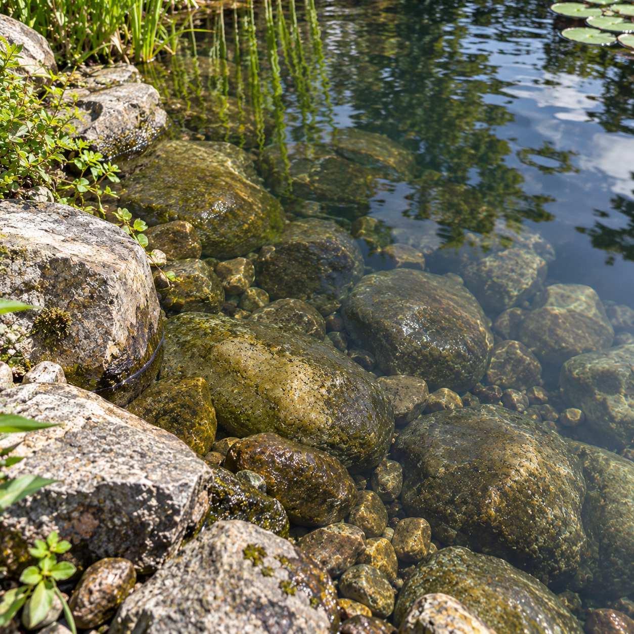 Biofilm auf glitschigen Steinen im Gartenteich